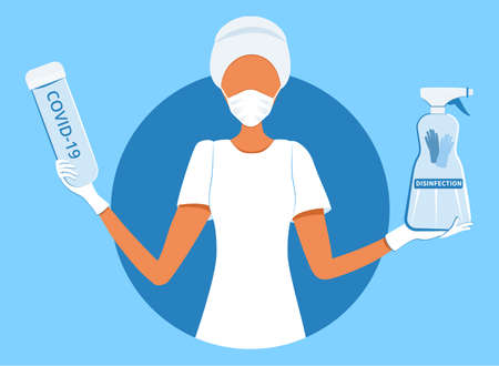 Coronavirus 2019-nCoV prevention tips, doctor in surgical gloves holding blood test tube and hand sanitizer for disinfectionのイラスト素材