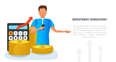 Vector concept of financial consultation, money saving and investing, virtual business assistant, financial services, return on investment, budget planning, income growth. Design for website, bannerのイラスト素材