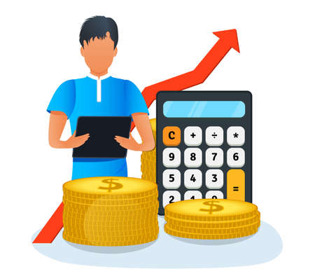 Vector concept of small personal loans. Business, finance, saving money. Financial consultant. Successful businessman stand on a stack of coins. Bank investment, financial consulting.のイラスト素材