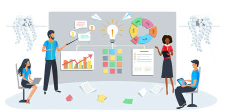 Vector modern illustration of business training. Team brainstorming the idea. Workshop event....