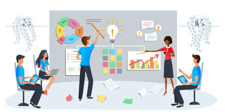 Vector modern illustration of business workshop, training. Team brainstorming the idea at workshop event. Startup new business project. Data analysis, employee studying company analyticsのイラスト素材