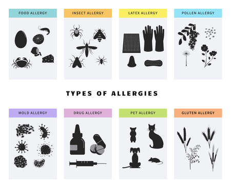 Allergy concept icons set. Banner template with different types of allergens like pollen, food, gluten, animal hair, latex, drugs, insect. Banner template with allergy risk symbols. Infographicのイラスト素材