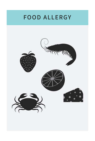 Food allergy icons set. Cartoon isolated food allergen products like fish, cheese and fruit. Allergy risk factor banner, infographic template with copy spaceのイラスト素材