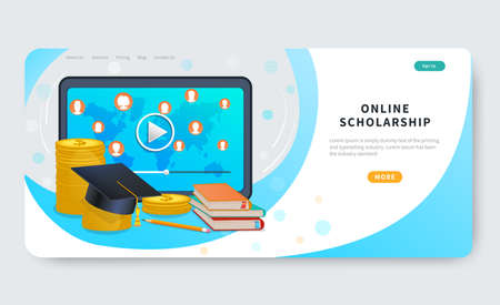 Online scholarship concept for website and landing page template. Tablet, graduation hat on stack of coins and books. Distance education loan, investment in knowledge, study cost or fee. Flat vectorのイラスト素材