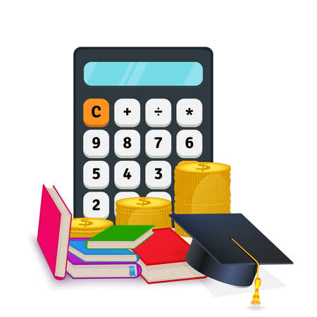 Vector illustration of investment in education. Scholarship. Online learning courses, certificate. Calculator, graduation hat, stack of coins and books. Money savings for education loan. Clip artのイラスト素材