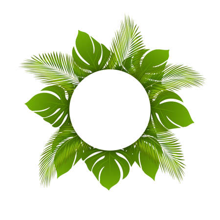 Beautiful vector trendy summer tropical leaves, round frame. Banner with green tropical forest palm leaves background template. Can be used for cosmetics and spaのイラスト素材