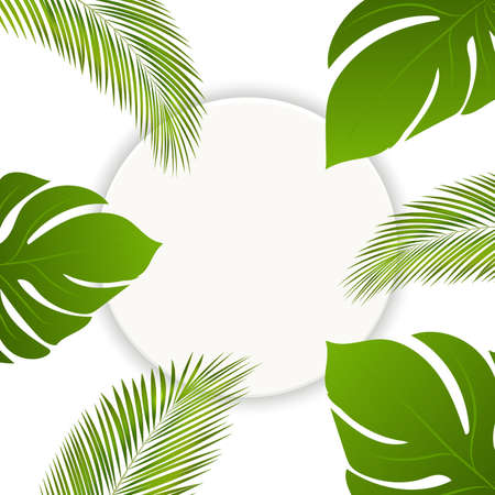 Vector summer tropical leaves round banner with place for text. Exotic botanical design. Wedding invitation frame or card template with exotic palm tree leavesのイラスト素材