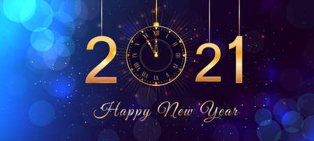 Happy New Year 2021 blue background with bokeh effect, hanging golden numbers, gold vintage clock...