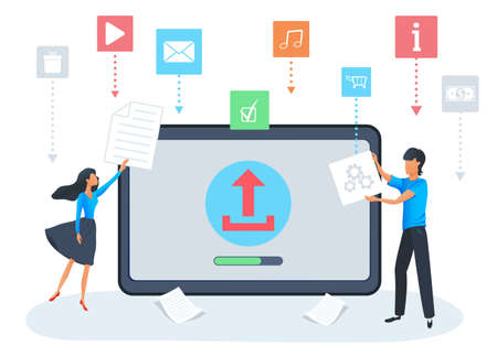 Vector concept of uploading file process on desktop screen with progress bar. Flat design elements...
