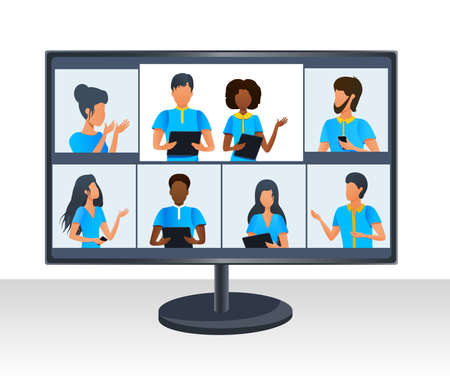 Vector concept of group corporate video conference. Multi ethnic business team working at online meeting by video call. Virtual classroom. Working remotely from home during coronavirus pandemicのイラスト素材