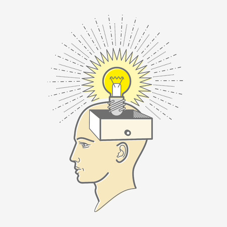 The man's head. Illustration in the style of linear design: idea, light bulb.のイラスト素材