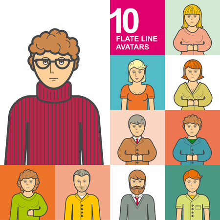 Set of 10 avatars style flat line design: man, woman, student, freelancer, nerd, CEO, chief, director general, manager, secretary, curly-haired, bearded, sweater, jacket, and tie. For web, print.のイラスト素材