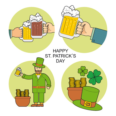 Set for St. Patrick's Day. The image of hands with a mug of beer, a leprechaun wearing a hat with a pot of gold coins celebrates St. Patrick's Day.のイラスト素材