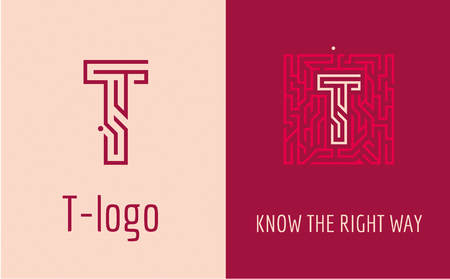 Creative logo for corporate identity of company: letter T. The logo symbolizes labyrinth, choice of right path, solutions. Suitable for consulting, financial, construction, road companies, quests, educational schools.のイラスト素材