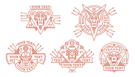 Set of ethnic devil masks of various shapes for logo, trademark, drawing on clothes, tattoo ornament illustration.のイラスト素材