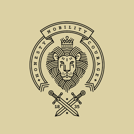Emblem, badge with a head of the royal lion, ribbon, motto and swords in the style of engraving of a linear design for a premium or coat of arms. Lion with a crown symbol of power, strength, security.のイラスト素材