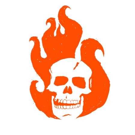 Skull in the fire. The burning head of the ghost racer. Abstract logo for corporate identity. Model of poster, leaflets for Halloween, zombie party or music concert with skulls, emblem, icon, label.のイラスト素材