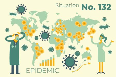 Flat medical illustration on the theme of the epidemic: a doctor and a nurse holding their heads, looking at the map of the world with the centers of the epidemic.のイラスト素材