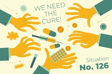 Flat medical illustration on the theme of the epidemic: hands reaching for drugs, syringe, tablets.のイラスト素材