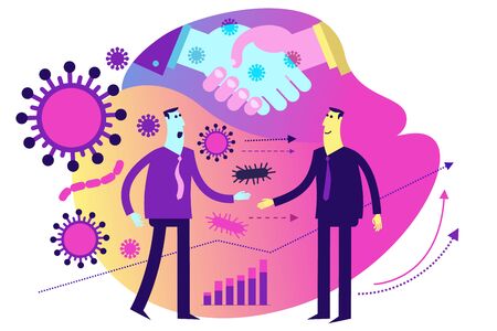 Flat medical illustration on the theme of the epidemic: handshake in which viruses and bacteria are transmitted. The spread of the epidemic.のイラスト素材