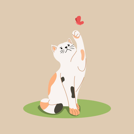 Vector illustration of a cute cat sitting on the grass and raising his pawのイラスト素材