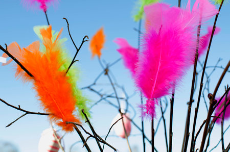 Multicoloured feathers dancing with the waves of wind and easter eggs during a sunny day on blue...