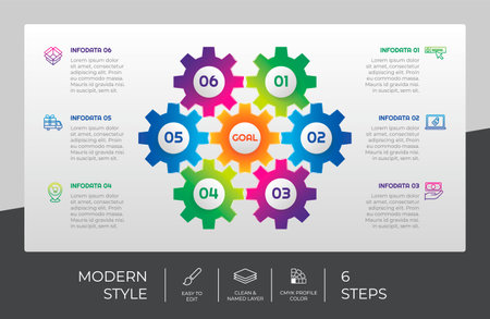 3d modern step infographic vector design with 6 options & colorful style for presentation purpose.gear option infographic can be used for business and marketingのイラスト素材