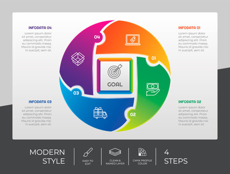 Circle step infographic vector design with 4 options & modern style for presentation purpose. Step infographic can be used for business and marketingのイラスト素材