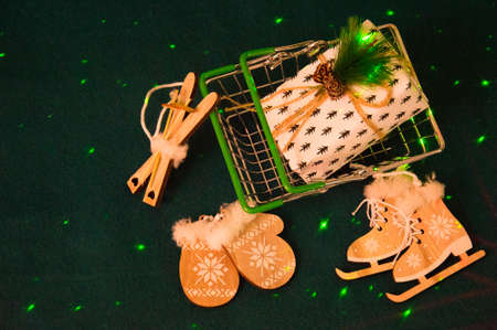 Top above high angle view photo of christmas winter season sale decor of evergreen pine tree pine cones gift boxes balls wooden tinselsの写真素材