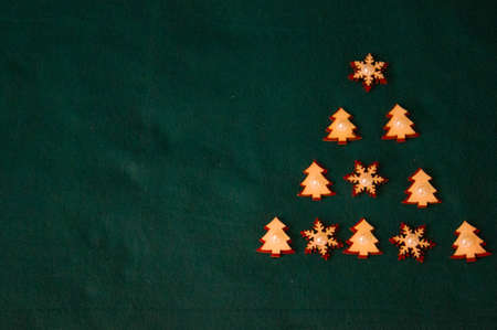 Top above high angle view photo of christmas winter season sale decor of evergreen pine tree pine cones gift boxes balls wooden tinselsの写真素材