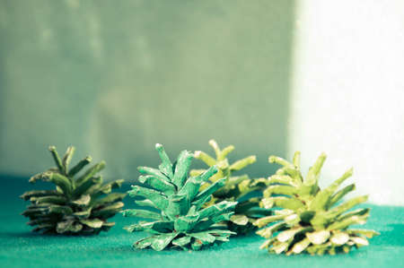 Pine cones on a green background. Christmas and New Year concept.の写真素材