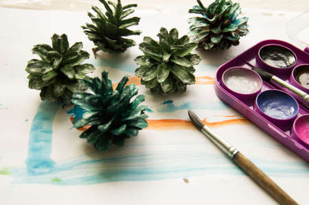 Paint brushes, paints on a white background.の写真素材