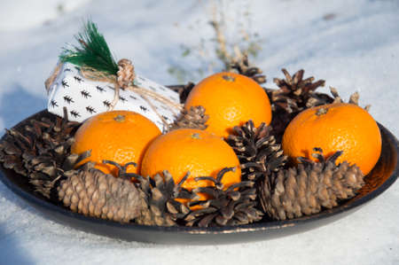 Oranges and pine cones in a bowl on a snowy background.の写真素材