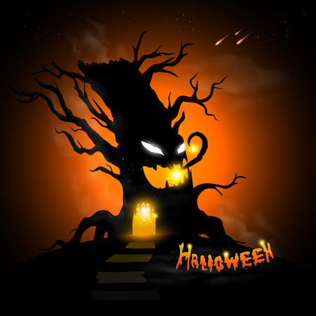 Halloween tree at night with text and dark backgroundのイラスト素材