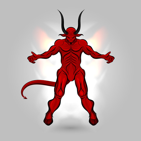 Red devil with a dark power design on gray background