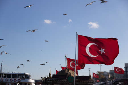 Istanbul Turkey 14.10.2019 Turkish flags flying against blue skyのeditorial素材