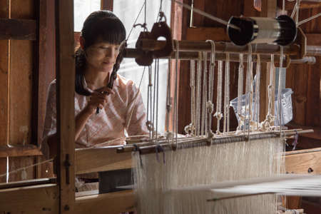 Inle Lake Myanmar 12/16/2015 weaving workshop with looms on floating villageのeditorial素材