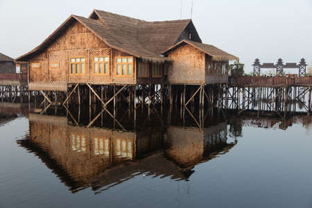 Inle Lake Myanmar 12/16/2015 Shwe Inn Tha Floating Resort hotel on stilt in lakeのeditorial素材