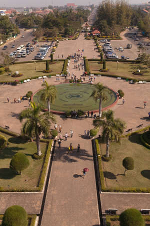 Patuxai Monument Lang Xang Avenue, Vientiane, Laos view from above of the avenueのeditorial素材