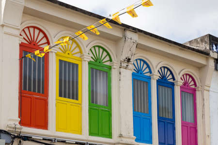 Phuket Thailand 12.6.2015 colourful old town Phuket with prayer flagsのeditorial素材