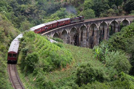 Ella Sri Lanka 4.15.2018 the 9 arch Demodara Railway Bridge with train