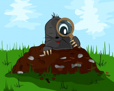 a small mole with magnifying glass on the meadow molehillのイラスト素材