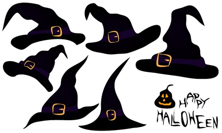 A set a few witches hats in black and purple color, with buckle and strap, for halloweenのイラスト素材