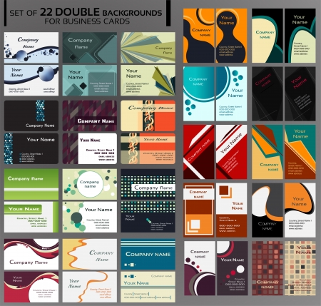 44 Backgrounds for double business cards, contains circles, squares, lines, different shapes, many colors like blue, green, grey, yellow, red, pink, brown, orange and other  Backgrounds on front and back side, vertical and horizontal のイラスト素材