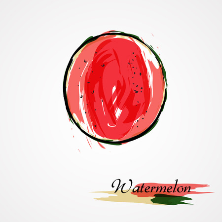Hand drawn vectorwatermelon ripe fruit slice, piece, on light backgroundのイラスト素材