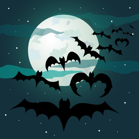 Halloween night background with moon, stars and black bats.のイラスト素材