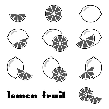 Set of lemon icons with whole and part of fruit on white backgroundのイラスト素材