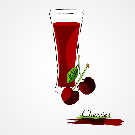 Hand drawn vector ripe cherries fruit and juice in glass on light backgroundのイラスト素材