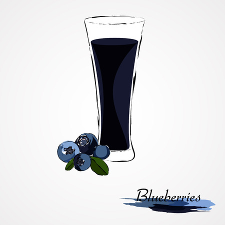 Hand drawn vector ripe blueberry fruit and juice in glass on light backgroundのイラスト素材