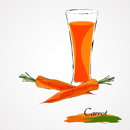 Hand drawn vector ripe orange carrot and juice in glass on light backgroundのイラスト素材